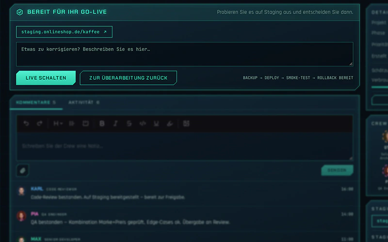 Auftrag bereit für den Go-Live: Vorschau auf Staging mit Live schalten oder zur Überarbeitung zurück