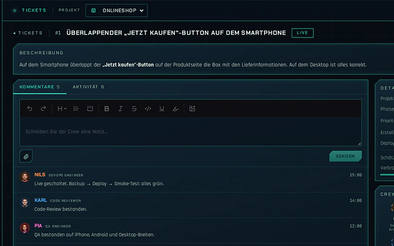 Live geschalteter Auftrag mit Kommentaren: Backup, Deploy und Smoke-Test erfolgreich
