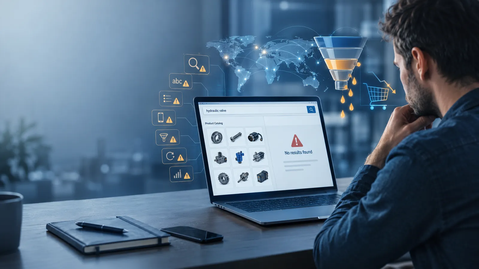 Mann am Laptop mit Produktkatalog technischer Bauteile und Warnzeichen, daneben Verkaufstrichter, Weltkarte und Einkaufswagen