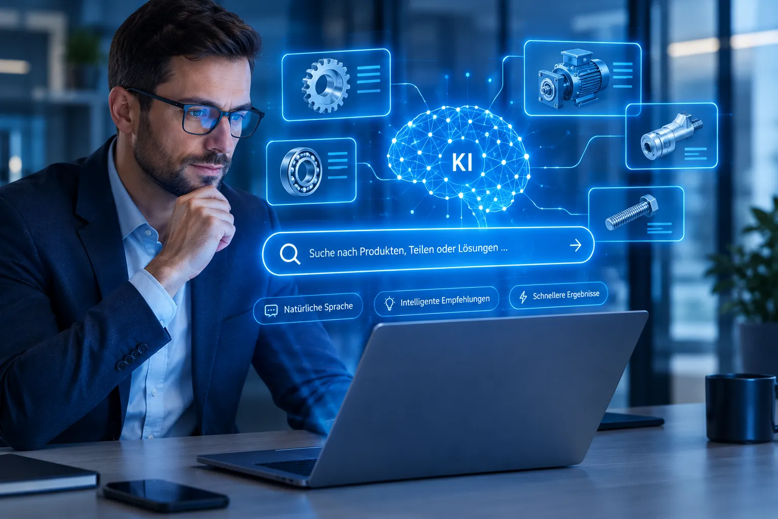 Mann im Anzug am Laptop, über dem Bildschirm schweben blaue Hologramme mit Suchleiste, Maschinenteilen und Gehirn