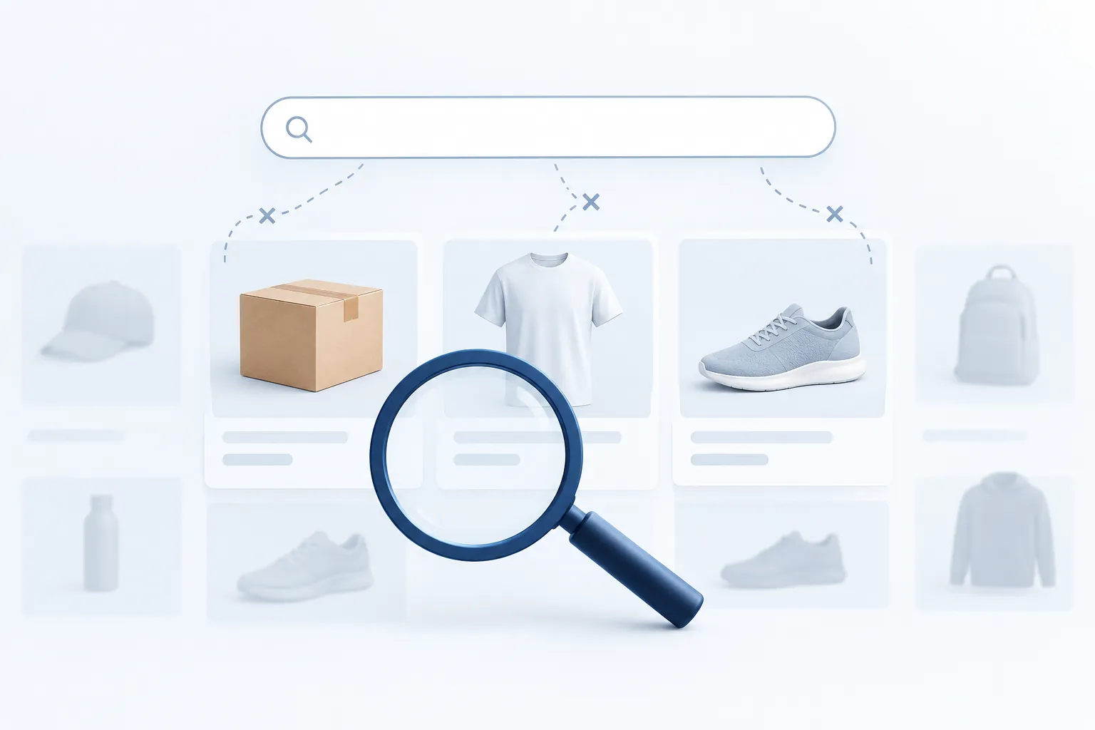 Illustration einer leeren Suchleiste über einem Raster aus Produktsymbolen für Karton, T-Shirt und Schuh, davor eine große Lupe