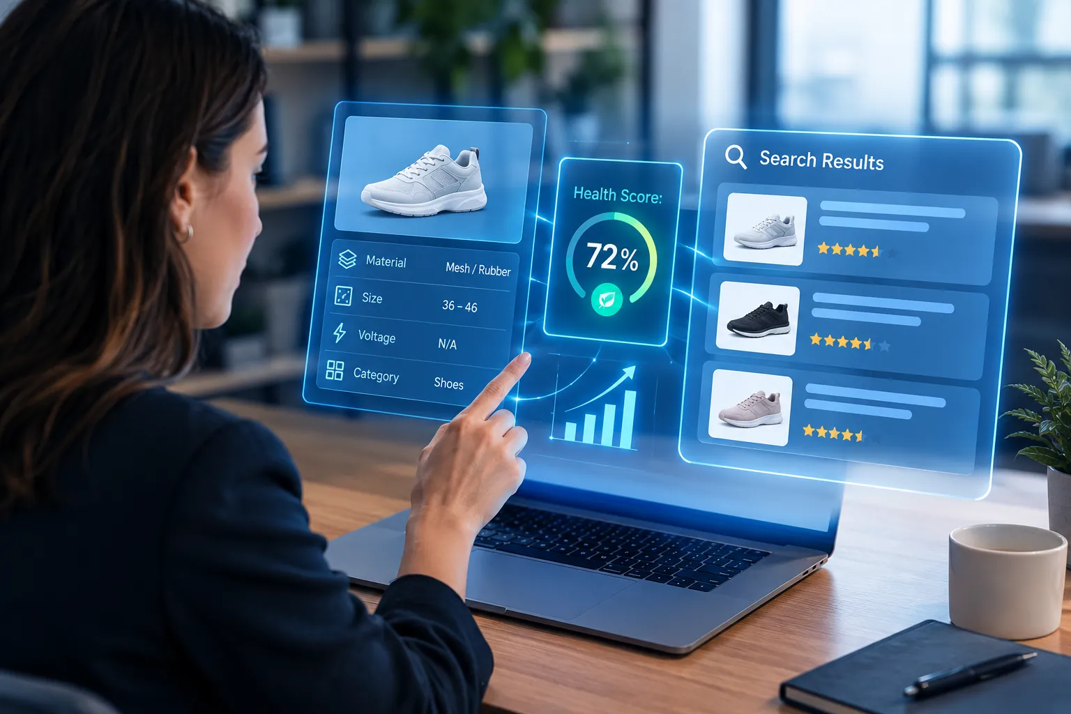 Frau vor einem Hologramm über dem Laptop mit Produktkarten zu „material, size, voltage, category“, „Health Score: 72%“ und „Search Results“