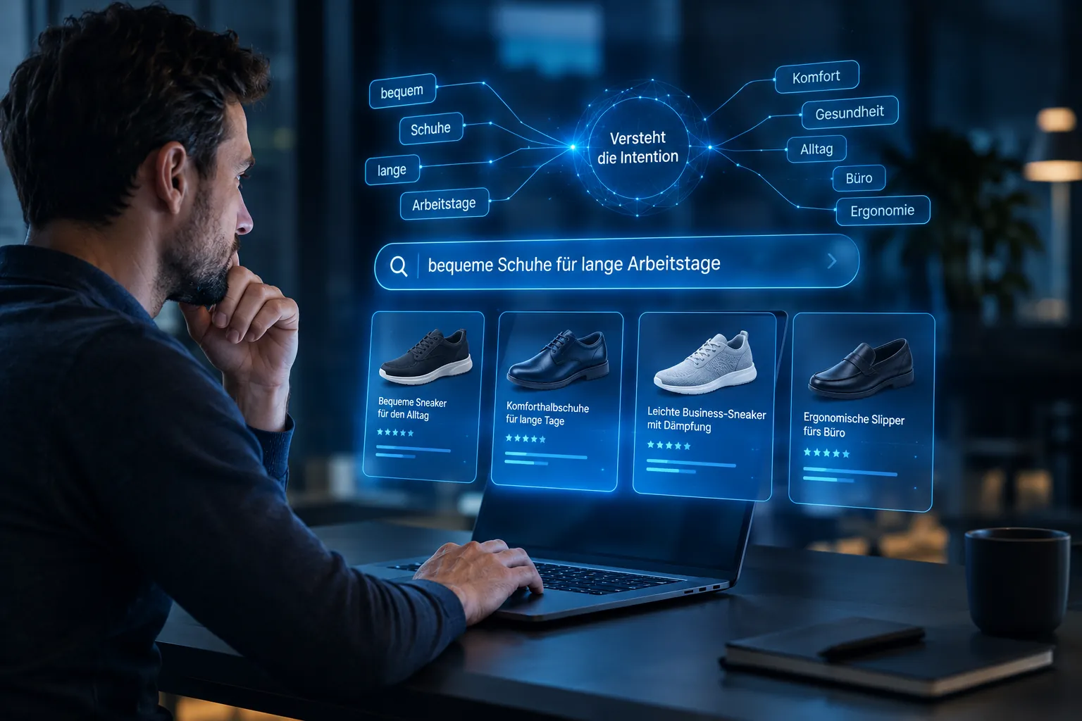 Mann am Laptop vor blauen Hologrammen mit der Suchanfrage „bequeme Schuhe für lange Arbeitstage" und Schuh-Treffern