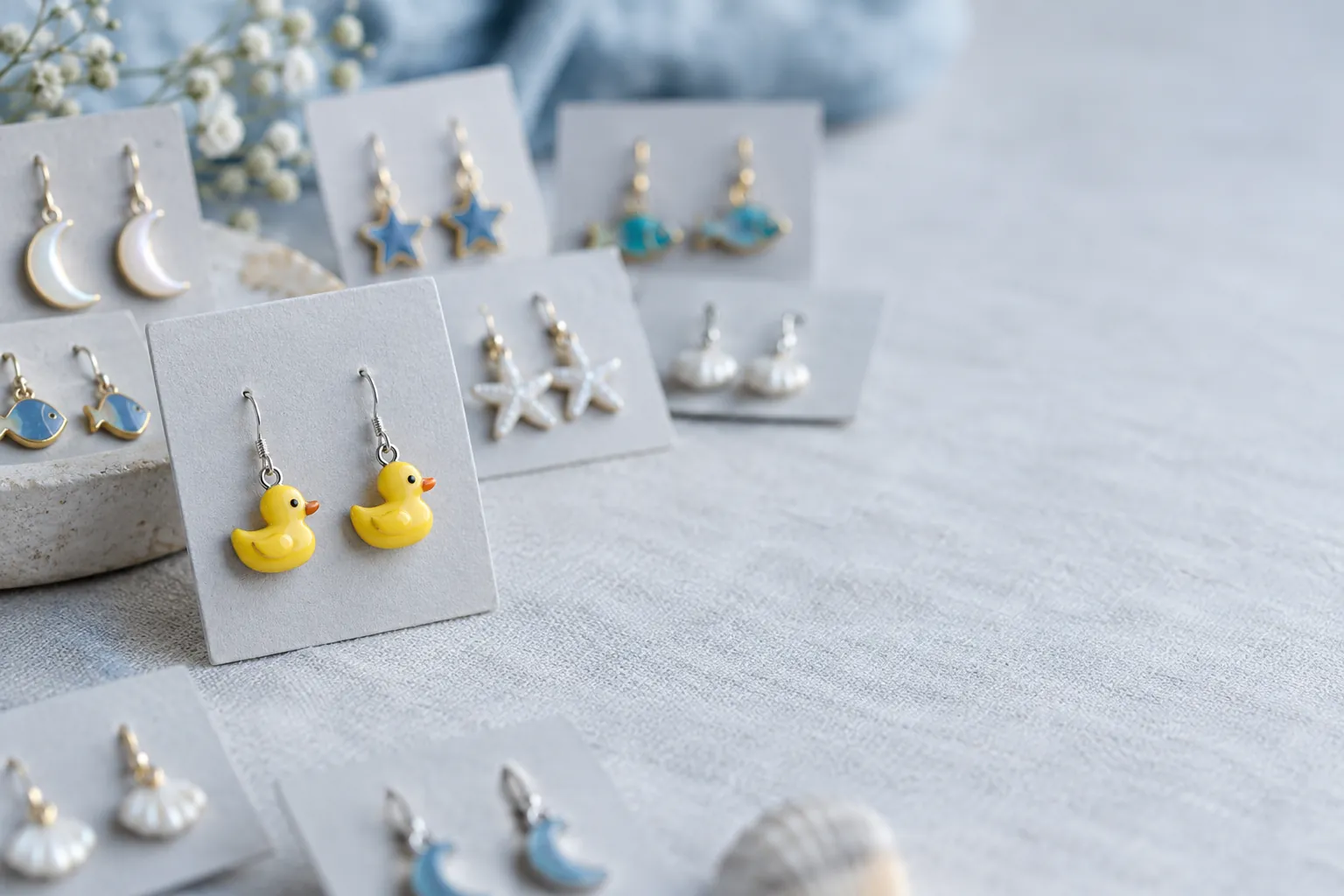 Kleine Enten-Ohrringe im Fokus zwischen unscharfen Mond- und Stern-Ohrringen auf einem Display