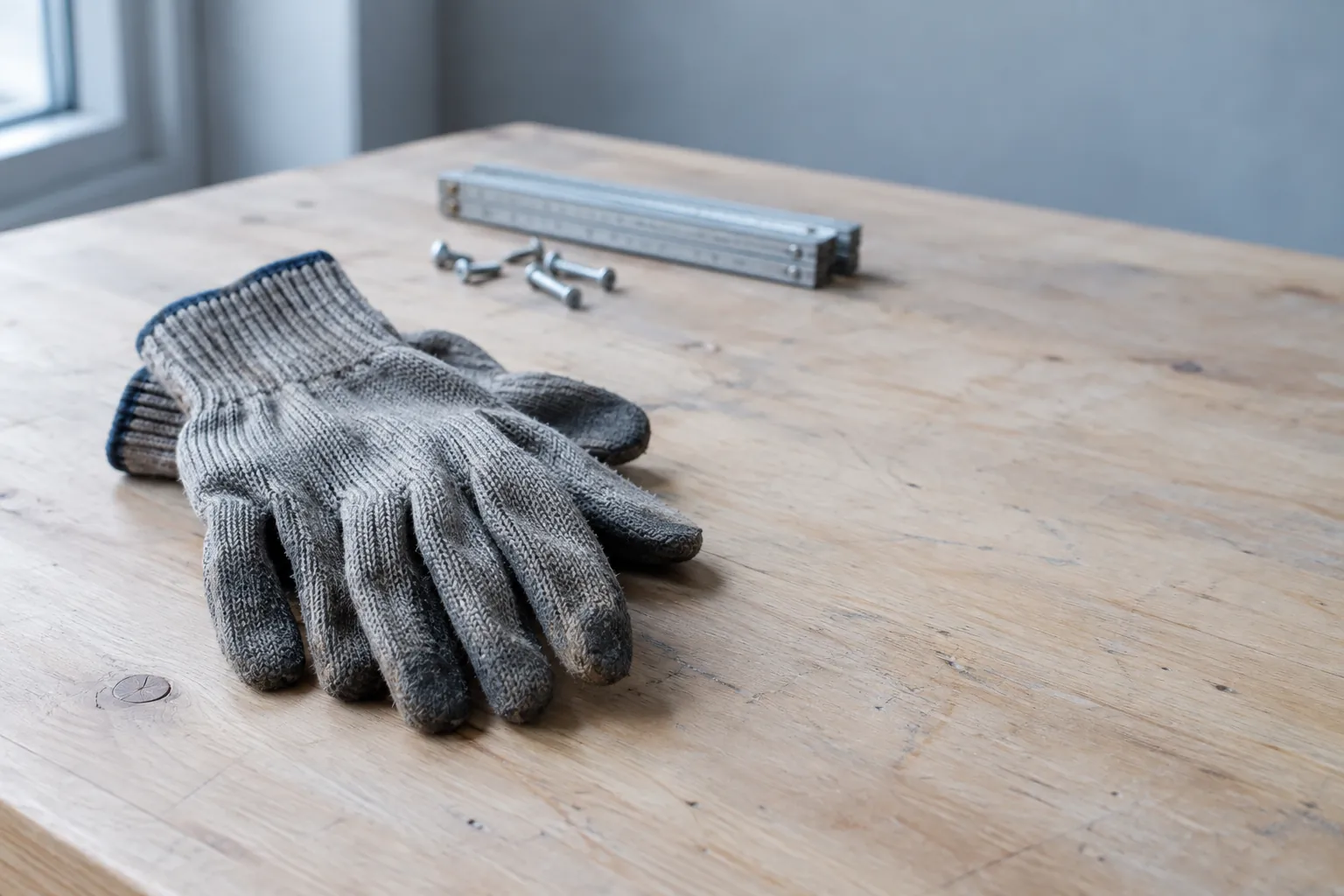 Arbeitshandschuhe auf einer Werkbank aus Holz