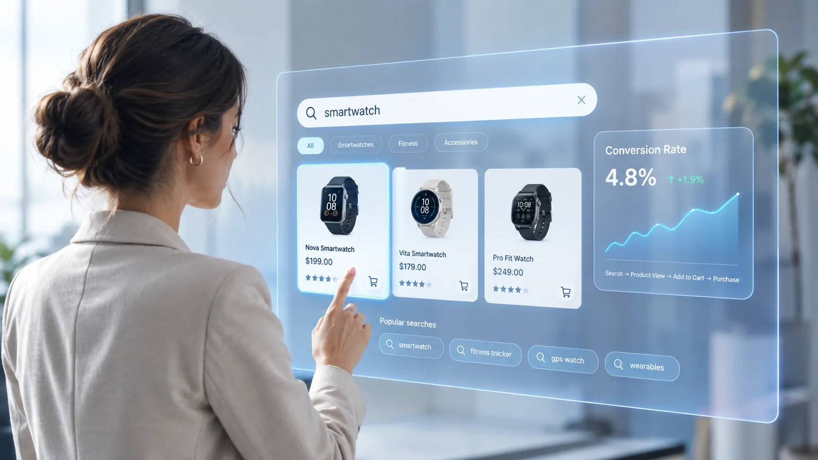 Frau im Blazer tippt auf ein holografisches Shop-Interface mit Suchfeld, Conversion-Rate-Diagramm und Produktkarten wie „Nova Smartwatch $199.00“