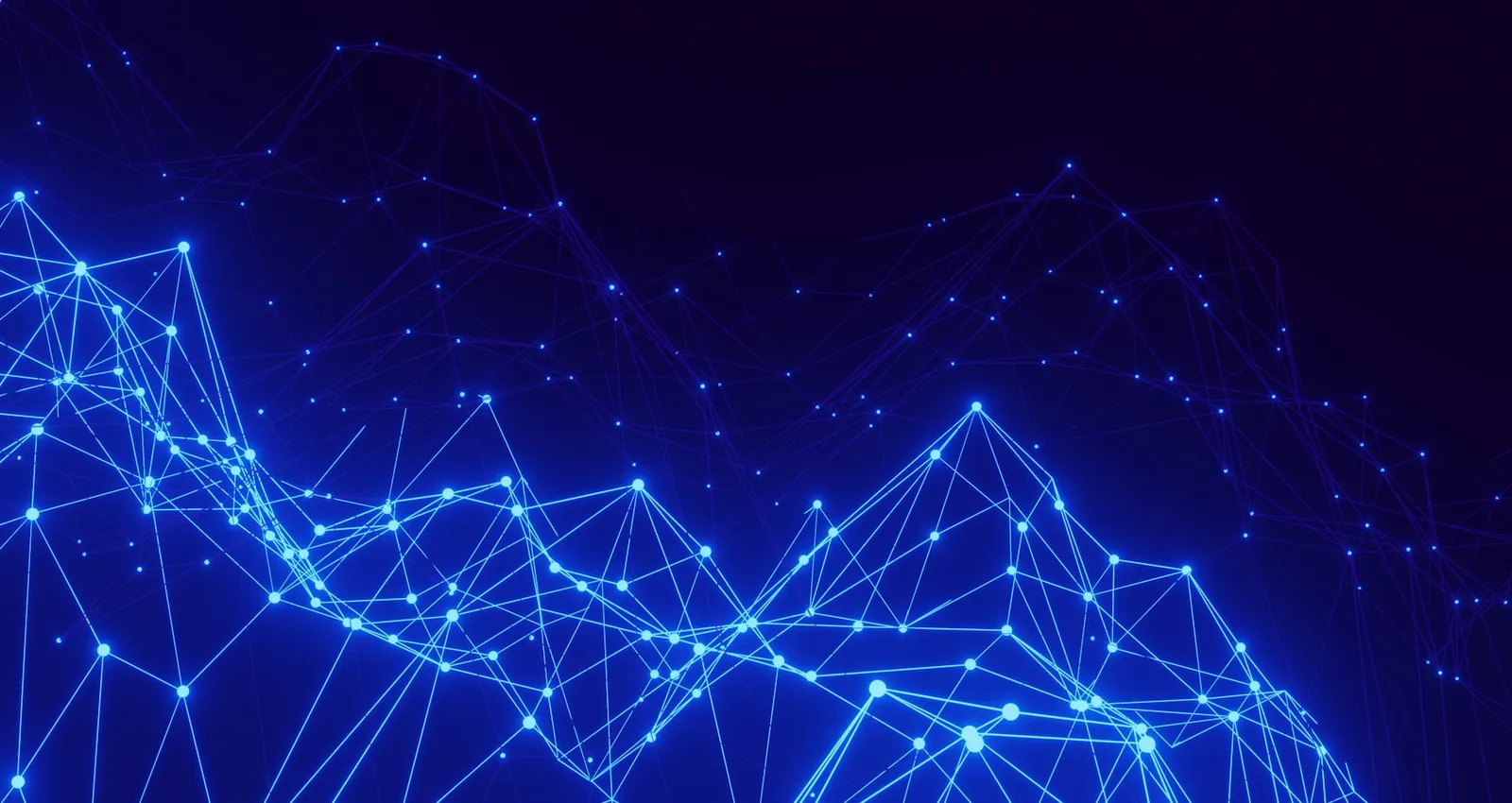 Leuchtend blaues Netz aus verbundenen Punkten und Linien, das sich wie ein Gebirgsprofil vor dunklem Hintergrund aufbaut